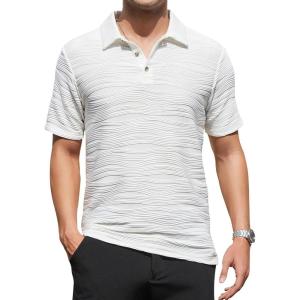 imageAlex Vando Mens Jacquard Kint Polo Shirts Short Sleeve Vintage Regular Fit Texture Knitted Polo Shirts with CollarWhite