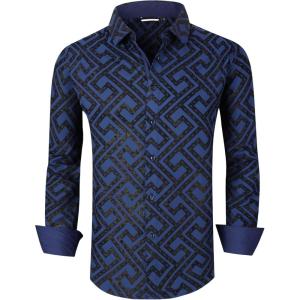 imageAlex Vando Mens Digital Printing Dress Shirts IronFree Regular Fit Party Button Down ShirtNavy Flocking