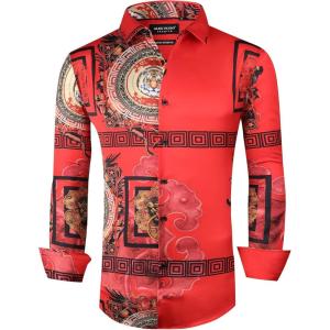 imageAlex Vando Mens Digital Printing Dress Shirts IronFree Regular Fit Party Button Down ShirtRed