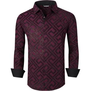imageAlex Vando Mens Digital Printing Dress Shirts IronFree Regular Fit Party Button Down ShirtWine Flocking