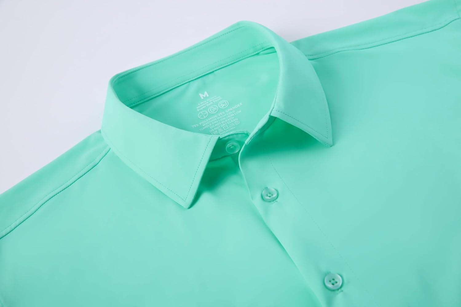 imageAlex Vando Mens Knitted Dress Shirts 8Way Stretch Easy Care Solid Short Sleeve Shirt for MenGreen