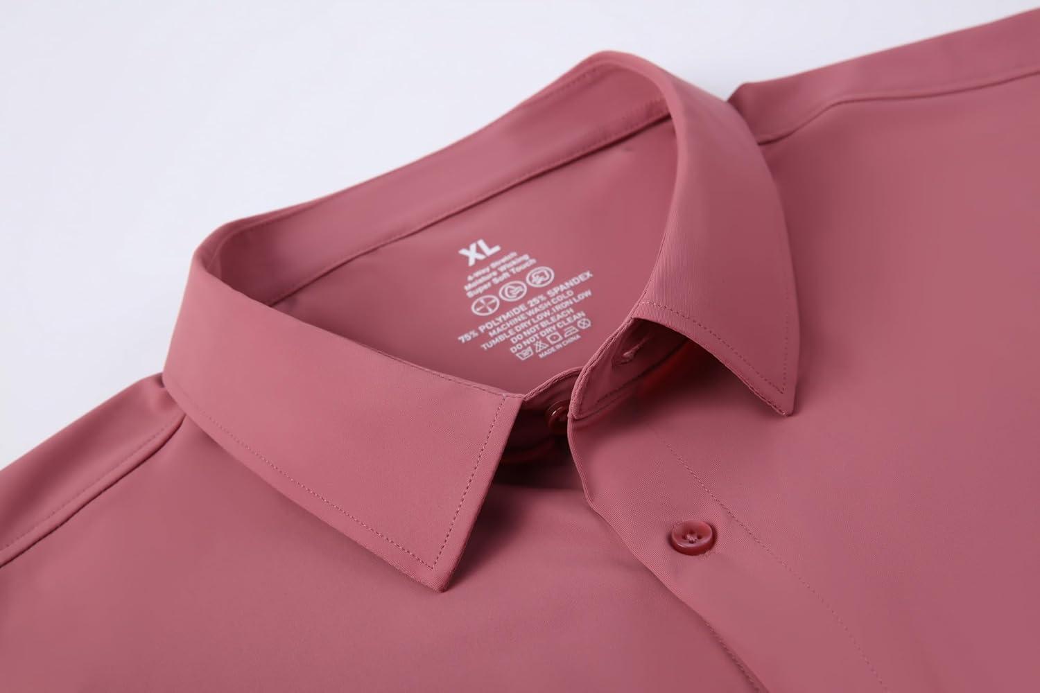 imageAlex Vando Mens Knitted Dress Shirts 8Way Stretch Easy Care Solid Short Sleeve Shirt for MenPink