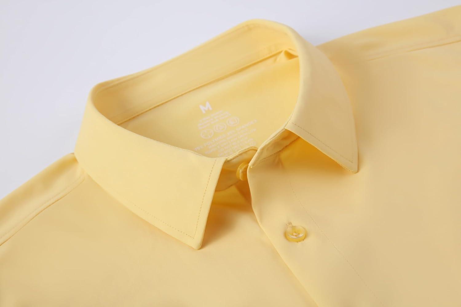 imageAlex Vando Mens Knitted Dress Shirts 8Way Stretch Easy Care Solid Short Sleeve Shirt for MenYellow