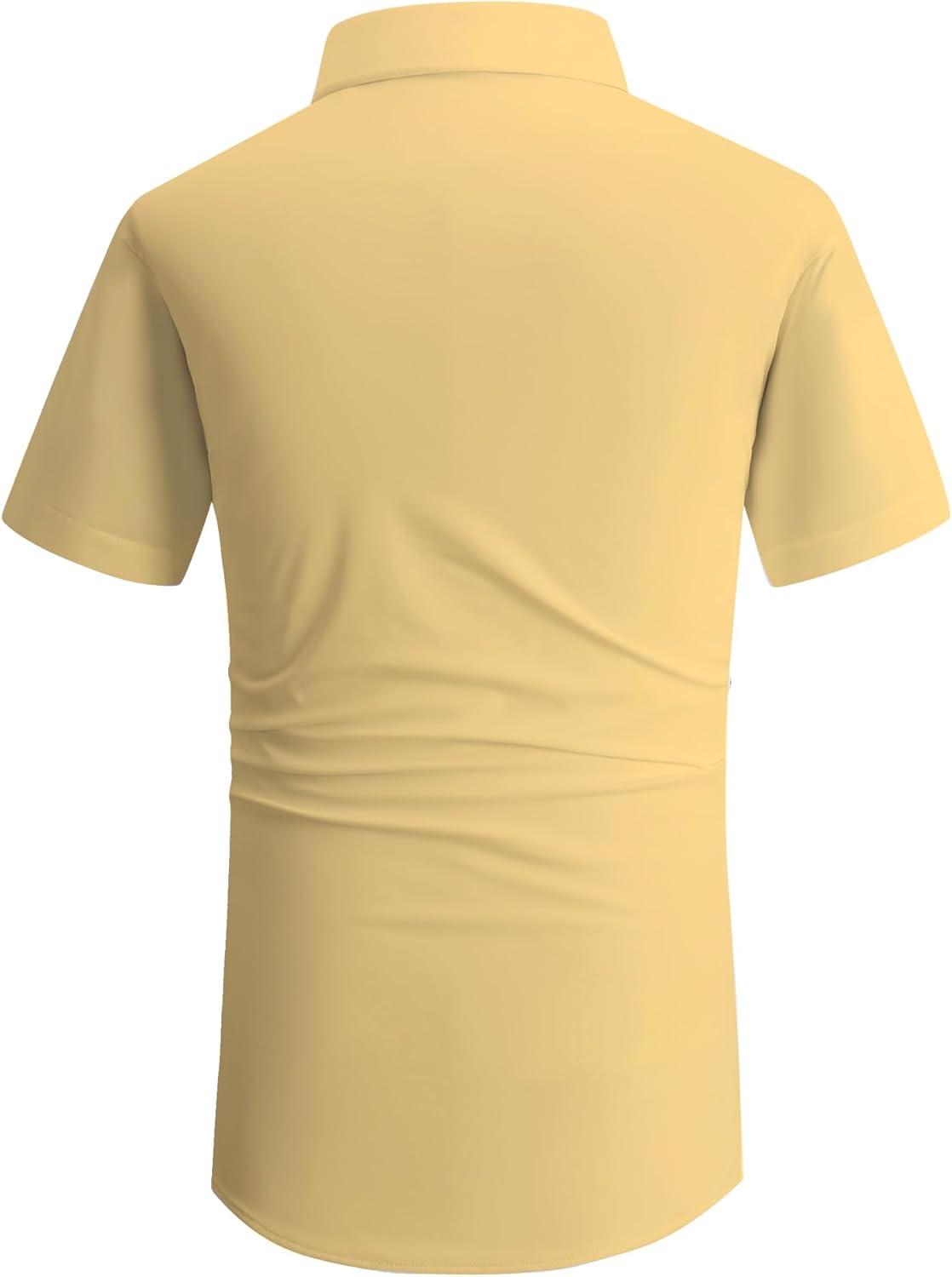 imageAlex Vando Mens Knitted Dress Shirts 8Way Stretch Easy Care Solid Short Sleeve Shirt for MenYellow