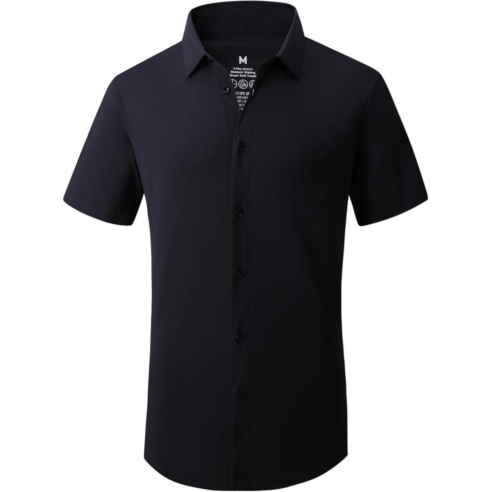 imageAlex Vando Mens Knitted Dress Shirts 8Way Stretch Easy Care Solid Short Sleeve Shirt for MenBlack