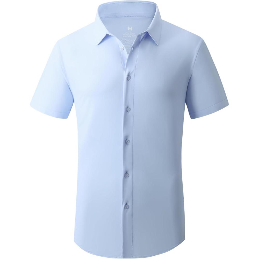 imageAlex Vando Mens Knitted Dress Shirts 8Way Stretch Easy Care Solid Short Sleeve Shirt for MenBlue