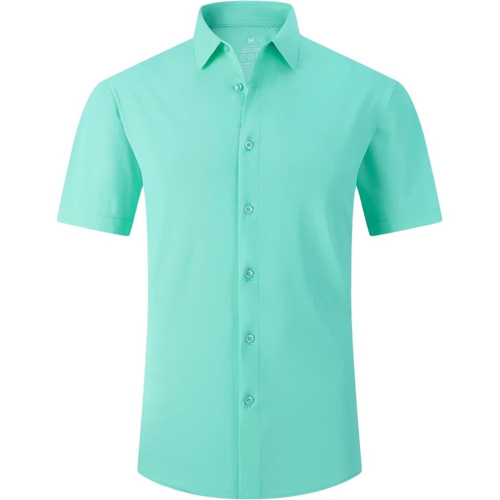 imageAlex Vando Mens Knitted Dress Shirts 8Way Stretch Easy Care Solid Short Sleeve Shirt for MenGreen