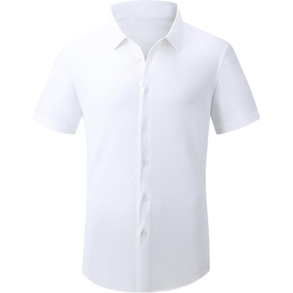 imageAlex Vando Mens Knitted Dress Shirts 8Way Stretch Easy Care Solid Short Sleeve Shirt for MenWhite