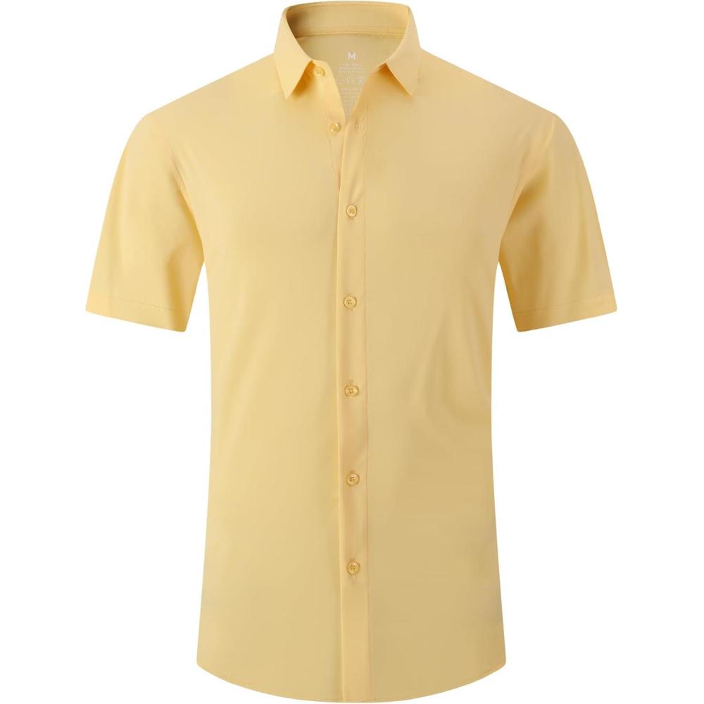 imageAlex Vando Mens Knitted Dress Shirts 8Way Stretch Easy Care Solid Short Sleeve Shirt for MenYellow