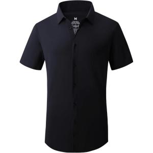 imageAlex Vando Mens Knitted Dress Shirts 8Way Stretch Easy Care Solid Short Sleeve Shirt for MenBlack