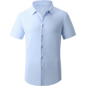 imageAlex Vando Mens Knitted Dress Shirts 8Way Stretch Easy Care Solid Short Sleeve Shirt for MenBlue