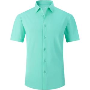 imageAlex Vando Mens Knitted Dress Shirts 8Way Stretch Easy Care Solid Short Sleeve Shirt for MenGreen