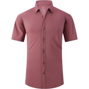 imageAlex Vando Mens Knitted Dress Shirts 8Way Stretch Easy Care Solid Short Sleeve Shirt for MenPink
