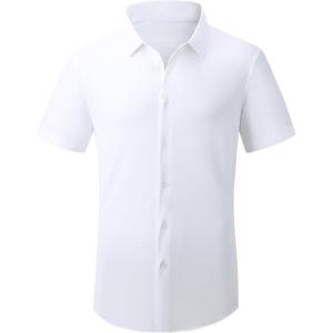 imageAlex Vando Mens Knitted Dress Shirts 8Way Stretch Easy Care Solid Short Sleeve Shirt for MenWhite