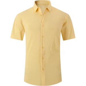 imageAlex Vando Mens Knitted Dress Shirts 8Way Stretch Easy Care Solid Short Sleeve Shirt for MenYellow
