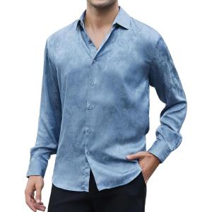 imageAlex Vando Mens Luxury Satin Dress Shirt Long Sleeve Silk Shiny Sateen Party ShirtBlue Paisley