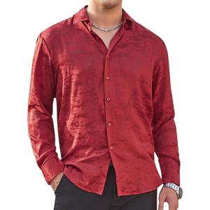 imageAlex Vando Mens Luxury Satin Dress Shirt Long Sleeve Silk Shiny Sateen Party ShirtBurgundy Jacquard