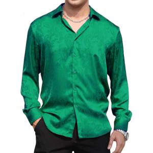 imageAlex Vando Mens Luxury Satin Dress Shirt Long Sleeve Silk Shiny Sateen Party ShirtGreen Paisley