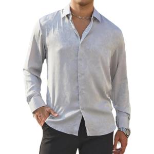 imageAlex Vando Mens Luxury Satin Dress Shirt Long Sleeve Silk Shiny Sateen Party ShirtGrey Paisley