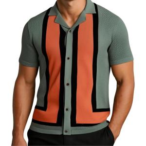 imageAlex Vando Mens Knit Dress Shirts Camp Collar Jacquard Short Sleeve Shirt for MenGreenRed