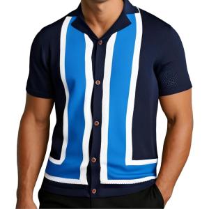 imageAlex Vando Mens Knit Dress Shirts Camp Collar Jacquard Short Sleeve Shirt for MenNavyblue