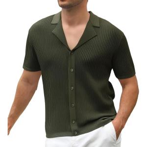 imageAlex Vando Mens Knit Dress Shirts Camp Collar Jacquard Short Sleeve Shirt for MenStripe Army
