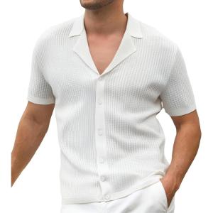 imageAlex Vando Mens Knit Dress Shirts Camp Collar Jacquard Short Sleeve Shirt for MenStripe White