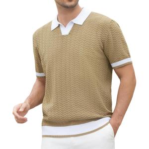 imageAlex Vando Mens Knit Polo Shirts Casual Short Sleeve Johnny Collar Golf ShirtsKhaki