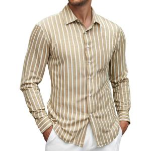 imageAlex Vando Mens Linen Long Sleeve Casual Button Down Shirt for Men Beach Wedding ShirtsKhaki