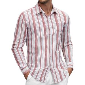 imageAlex Vando Mens Linen Long Sleeve Casual Button Down Shirt for Men Beach Wedding ShirtsRedwhite