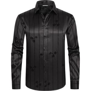 imageAlex Vando Mens Luxury Flocked Satin Shirt Long Sleeve Stylish Button Down for Nightlife Events and Bold FashionFlower Black