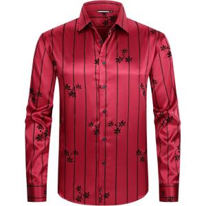 imageAlex Vando Mens Luxury Flocked Satin Shirt Long Sleeve Stylish Button Down for Nightlife Events and Bold FashionFlower Burgundy