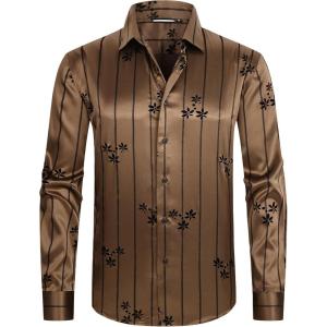 imageAlex Vando Mens Luxury Flocked Satin Shirt Long Sleeve Stylish Button Down for Nightlife Events and Bold FashionFlower Coffee