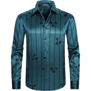 imageAlex Vando Mens Luxury Flocked Satin Shirt Long Sleeve Stylish Button Down for Nightlife Events and Bold FashionFlower Green