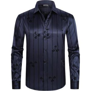 imageAlex Vando Mens Luxury Flocked Satin Shirt Long Sleeve Stylish Button Down for Nightlife Events and Bold FashionFlower Navy