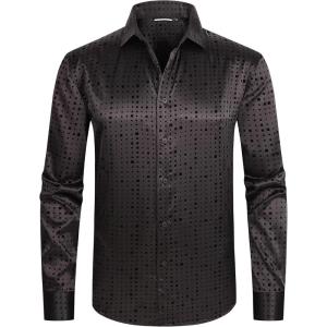 imageAlex Vando Mens Luxury Flocked Satin Shirt Long Sleeve Stylish Button Down for Nightlife Events and Bold FashionSquare Black
