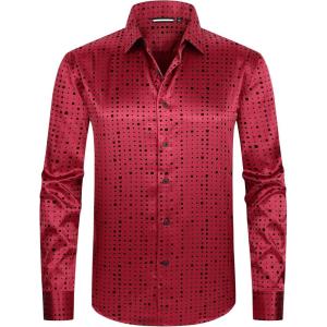 imageAlex Vando Mens Luxury Flocked Satin Shirt Long Sleeve Stylish Button Down for Nightlife Events and Bold FashionSquare Burgundy
