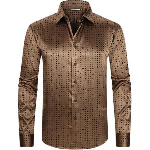 imageAlex Vando Mens Luxury Flocked Satin Shirt Long Sleeve Stylish Button Down for Nightlife Events and Bold FashionSquare Coffee