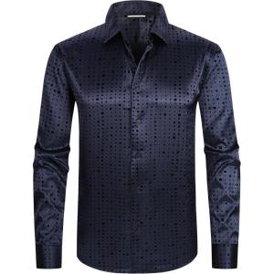 imageAlex Vando Mens Luxury Flocked Satin Shirt Long Sleeve Stylish Button Down for Nightlife Events and Bold FashionSquare Navy