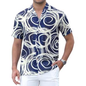 imageAlex Vando Mens Print Linen Cotton Shirts Short Sleeve Casual Summer Hawaiian Beach Shirt for MenNavy Wave