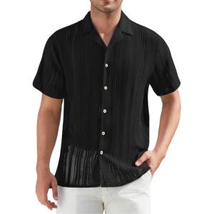 imageAlex Vando Mens Summer Shirts See Through Sheer Lace Casual Short Sleeve Button Down Beach Shirt135 Black