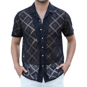 imageAlex Vando Mens Summer Shirts See Through Sheer Lace Casual Short Sleeve Button Down Beach ShirtBlack