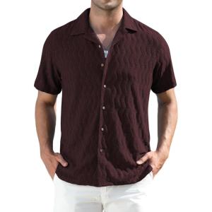 imageAlex Vando Mens Summer Shirts See Through Sheer Lace Casual Short Sleeve Button Down Beach ShirtBurgundy
