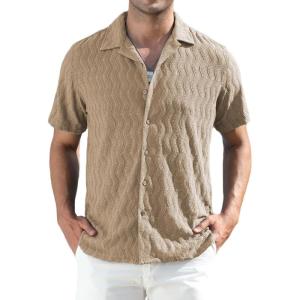 imageAlex Vando Mens Summer Shirts See Through Sheer Lace Casual Short Sleeve Button Down Beach ShirtKhaki