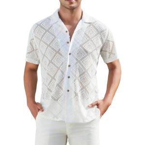 imageAlex Vando Mens Summer Shirts See Through Sheer Lace Casual Short Sleeve Button Down Beach ShirtSquare White