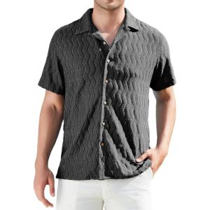 imageAlex Vando Mens Summer Shirts See Through Sheer Lace Casual Short Sleeve Button Down Beach ShirtWave Black