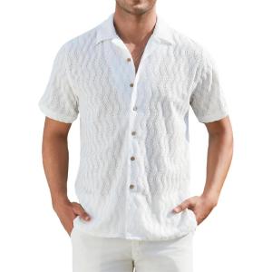 imageAlex Vando Mens Summer Shirts See Through Sheer Lace Casual Short Sleeve Button Down Beach ShirtWave White