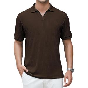 imageAlex Vando Mens Cotton Polo Shirts VNeck Short Sleeve Casual Shirts for MenBrown Jacquard