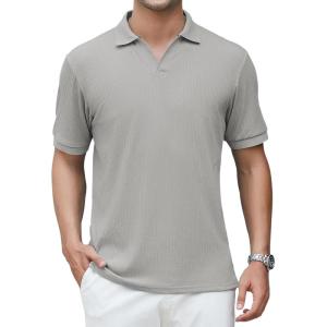 imageAlex Vando Mens Cotton Polo Shirts VNeck Short Sleeve Casual Shirts for MenGrey Jacquard