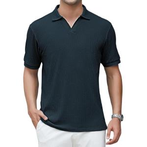 imageAlex Vando Mens Cotton Polo Shirts VNeck Short Sleeve Casual Shirts for MenNavy Jacquard